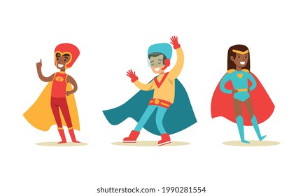 Set of Happy Boys and Girls Dressed Superhero Costumes, Super Kids Characters Cartoon Vector Illustration