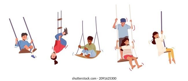 Aislar a niños y niñas felices con un fondo blanco. Pequeños personajes infantiles sentados en Rope Teeterboard disfrutando de la recreación y la libertad. Niños en el patio de recreo. Ilustración del vector de dibujos animados