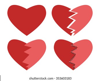 Set of happy, broken and mended hearts isolated on white. EPS 8 vector illustration, no transparency