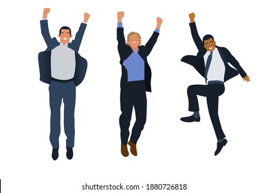 Set of Happy Business Employee Men Jumping in the Air Cheerfully. Modern Flat Vector Illustration. Feeling and Emotion Social Media Concept.
