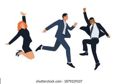 Set of Happy Business Employee People Jumping in the Air Cheerfully. Modern Flat Vector Illustration. Feeling and Emotion Social Media Concept.