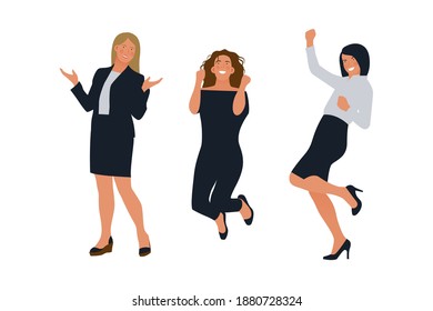 Set of Happy Business Employee Women Jumping in the Air Cheerfully. Modern Flat Vector Illustration. Feeling and Emotion Social Media Concept.