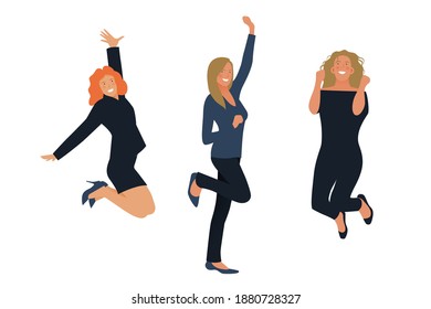 Set of Happy Business Employee Women Jumping in the Air Cheerfully. Modern Flat Vector Illustration. Feeling and Emotion Social Media Concept.