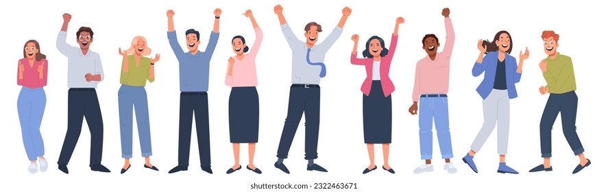 Conjunto de felices empresarios celebrando la victoria o el éxito. El concepto de alegría. Hombres y mujeres están emocionados y muestran emociones de deleite. Ilustración vectorial en estilo plano