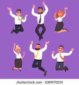 Set of happy business people jumping. Office workers celebrate the victory. Vector illustration in cartoon style