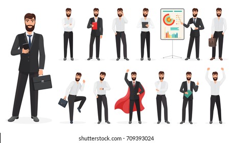 Set of happy businessman character with different poses and actions. Constructor cartoon vector illustration.