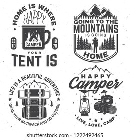 Set of Happy camper outdoor adventure symbol. Vector. Concept for shirt or logo, print, stamp or tee. Vintage design with lantern, camping tent, campfire, bear, man with guitar and forest silhouette.