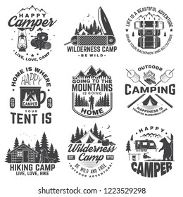 Set of Happy camper outdoor adventure symbol. Vector. Concept for shirt or logo, print, stamp or tee. Vintage design with lantern, camping tent, campfire, bear, man with guitar and forest silhouette.