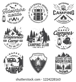 Set of Happy camper outdoor adventure symbol. Vector. Concept for shirt or logo, print, stamp or tee. Vintage design with lantern, camping tent, campfire, bear, man with guitar and forest silhouette.