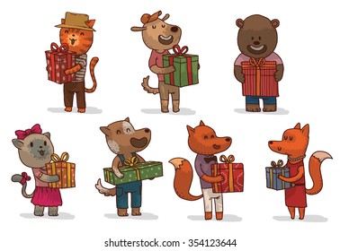 Set of happy cartoon animal wearing in clothes with beautiful gifts what they get on their birthdays. For all children. For boys and girls. Cat, Dog, bear, fox. vector illustration