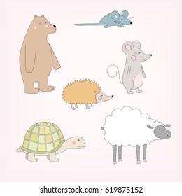 Set of happy cartoon animals. Bear, sheep, mouse, hedgehog, turtle. Vector illustration