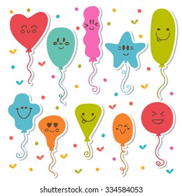 Set of happy cartoon colored balloons. Birthday balloons. Vector illustration