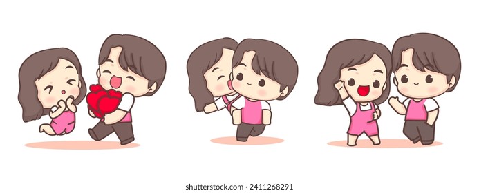 Set of happy cartoon couples in love. Cute boy and Girl feeling in love. Celebrating valentines day concept design. Isolated white background. Chibi cartoon vector style