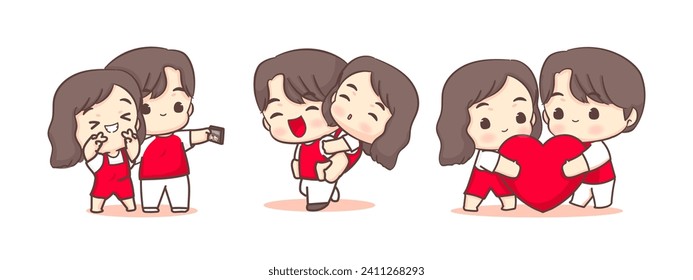 Conjunto de parejas de dibujos animados felices enamoradas. Niño y chica lindo sintiéndose enamorados. Celebrando el diseño del concepto del día de San Valentín. Fondo blanco aislado. Caricatura de Chibi sobre el estilo vectorial