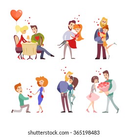 Set of  happy cartoon couples in love in various poses and actions:making proposition,having dinner,having date,celebrating valentine's day.Vector illustrations isolated on white background. 