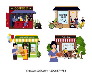 Set of happy cartoon diverse people work at family business vector flat illustration. Collection of owners and customers with small shop, cafe, store facades