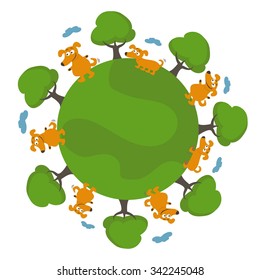 Set of happy cartoon dogs in earth. Vector illustration