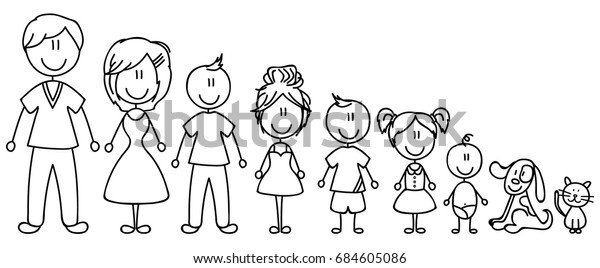 Set of happy cartoon doodle figure family, stick\
man. Stickman Illustration Featuring a Mother and Father and Kids.\
Vector Illustration, set of family in stick figures. Hand\
Drawn.