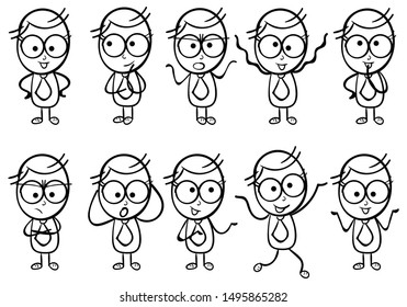 Set of happy cartoon doodle figures with different facial expressions, stick man. Stickman Illustration. Hand Drawn. Business icons with funny stickman.