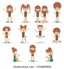 Set of happy cartoon girs in different  poses.Isolated cildren with different hairstyles.Editable characters. Jump, fitness, sitting, holding a sign, dance, greeting.Flat vector.