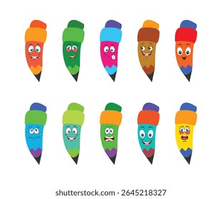 Set of happy cartoon pencils with books, backpack, glasses, graduation cap, vector illustration isolated on white background. Humanized funny pencils smiling, winking, giving okay