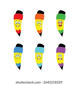 Conjunto de lápis de desenhos animados felizes com livros, mochila, óculos, boné de graduação, ilustração vetorial isolado no fundo branco. Lápis engraçado humanizado sorrindo, piscando, dando ok