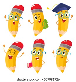 Set of happy cartoon pencils with books, backpack, glasses, graduation cap, vector illustration isolated on white background. Humanized funny pencils smiling, winking, giving okay