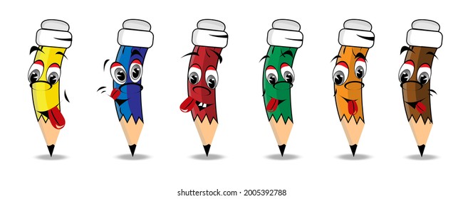 Set of happy cartoon pencils with faces, in vector illustration isolated on white background. Humanized funny pencils smile, wink, show tongues