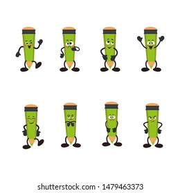 Set of happy cartoon pencils.  Vector illustration for your design, nursery decor, prints, childish background, T-shirt. Humanized funny pencils smiling, winking, giving okay