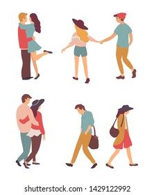 Set of happy cartoon people having fun together. Vector students walking holding hands, back view isolated man and woman. Ladies and guys in hats, summertime