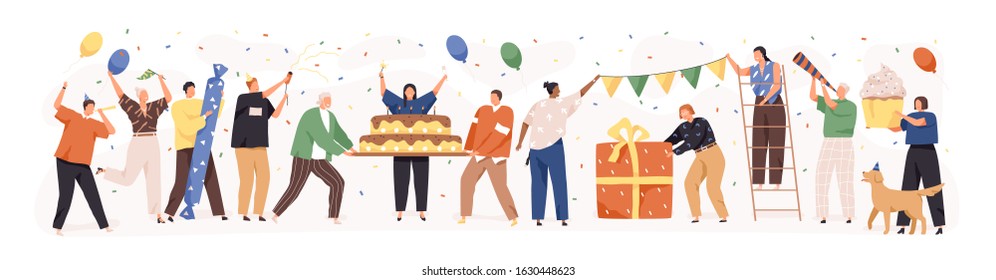 Set of happy cartoon people having fun at birthday party vector flat illustration. Concept of friends characters celebrating holiday isolated on white. Collection of smiling festive man and woman