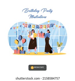 Set of happy cartoon people having fun at birthday party vector flat illustration. Concept of friends characters celebrating holiday isolated on white background and vector design