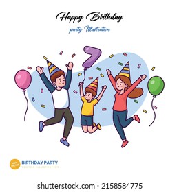 Set of happy cartoon people having fun at birthday party vector flat illustration. Concept of friends characters celebrating holiday isolated on white background and vector design