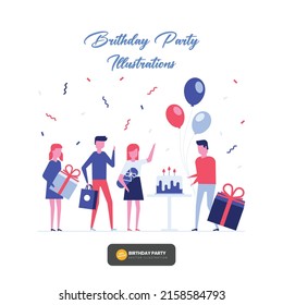 Set of happy cartoon people having fun at birthday party vector flat illustration. Concept of friends characters celebrating holiday isolated on white background and vector design