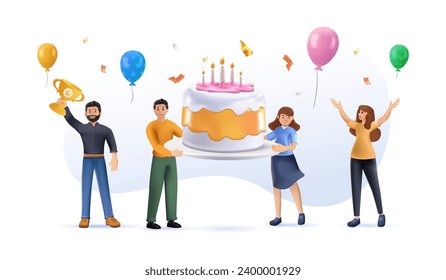 Set of happy cartoon people having fun at birthday party vector 3D cartoon illustration. Concept of friends characters celebrating holiday isolated on white. Smiling festive man and woman 3D