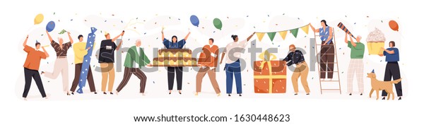 Set of happy cartoon people having fun at birthday\
party vector flat illustration. Concept of friends characters\
celebrating holiday isolated on white. Collection of smiling\
festive man and woman