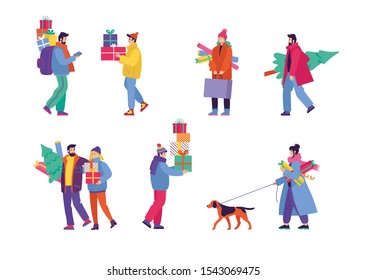 Set of happy cartoon people walking and carrying boxes with Christmas presents and fir-trees. Flat style, vector illustration, fun characters. Isolated icons on a white background.