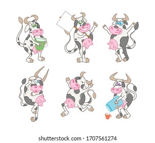 Set of happy cartoon smiling cows with milk. Vector illustration of a silly cows, icon childish mascot isolated on white.