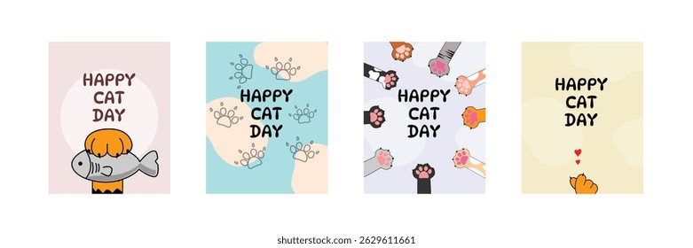 Set of Happy Cat Day cards, cartoon paws, fish, hearts, colorful backgrounds, festive pet greeting collection