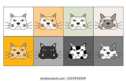 Set of Happy cat face Doodle art design