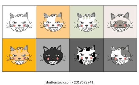 Set of Happy cat face Doodle art design