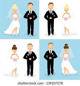 Set of happy caucasian bride and groom