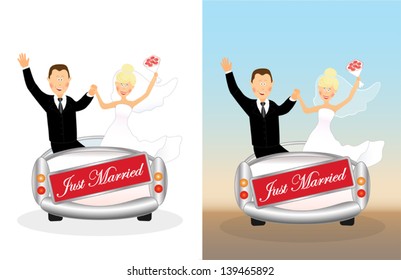 Set of happy caucasian bride and groom in wedding car with banner just married