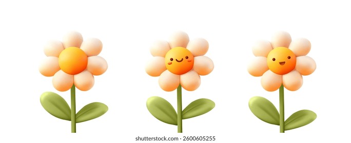 A set of happy chamomile characters, 3D. Funny daisies for concepts of advertising goods for children, medicine, and cosmetics. Icons. Vector illustration.