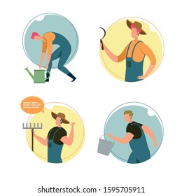 Set, Happy Characters Farm Workers, Illustration. Man in Overalls Bent over Watering Can, Guy in Hat Hold Sickle in Hands, Agricultural Worker with Rake Waves Hand, Character is Running with Bucket.