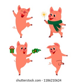 Set of Happy characters of pigs - a symbol of the new year 2019. a festive greeting card or a congratulation on a new year - the year of a pig! Vector illustration.