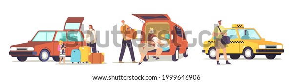 Set Happy Characters Ready to Go. Family\
Sitting at Car Trunk Prepare for Travel. Man Order taxi. Mother,\
Father and Children with Luggage Leaving Home for Journey. Cartoon\
People Vector Illustration