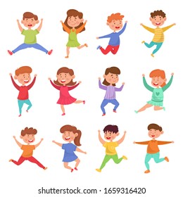 Set of happy cheerful cute kids joyfully jumping and dancing funny. Girls and boys in various poses and clothes. Colorful simple flat cartoon style. Isolated vector illustration.