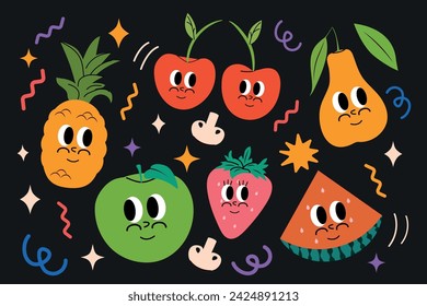 A set of happy and cheerful fruits and vegetables in a trendy groovy style. Vector illustration. Isolated. Funny funky mascot and comic character. Retro aesthetics. Doodle. 2000s and y2k. Pineapple