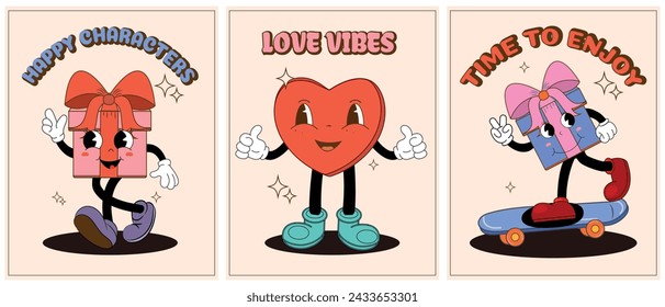 Conjunto de carteles de mascotas retro alegre y feliz. Vieja animación de los años 50, 60, 70, pegadizos personajes de envoltura de regalos y un lindo corazón. Feliz y divertido retro.